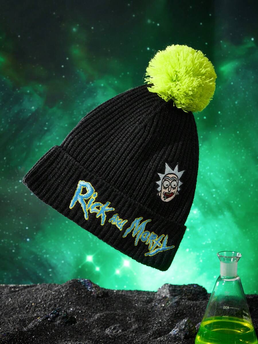 Rick and Morty X SHEIN Gorro de punto negro con bordado de personaje de dibujos animados, pompón de neón - Negro - Ver 1