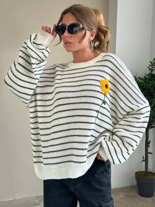 EURMUSE Áo len dệt kim thêu họa tiết sọc thường ngày cho nữ - Màu be - Xem 6