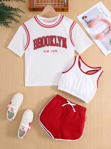 3pcs Tween Girls Casual Loose Letter Print Crewneck Sweatshirt Top And Pants Set - Red - View 1