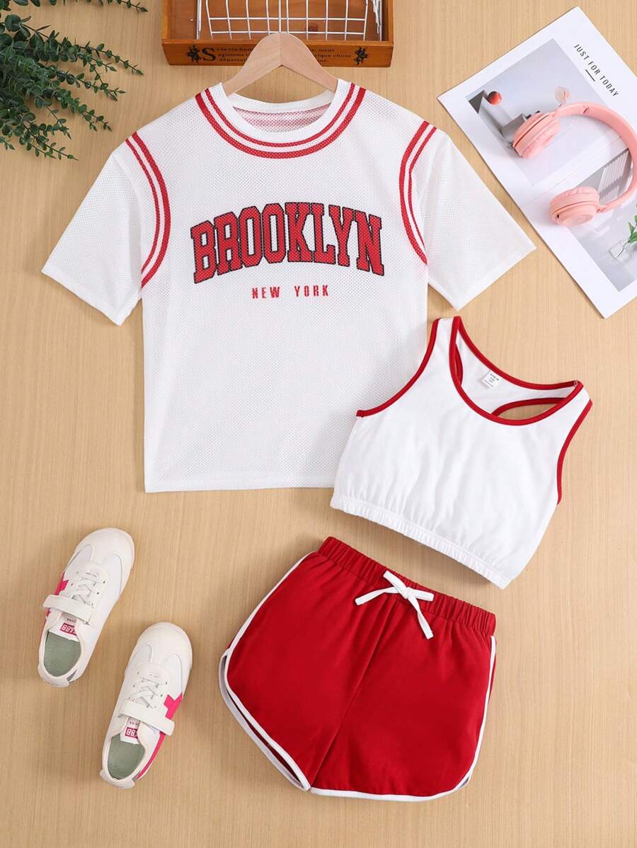 3pcs Tween Girls Casual Loose Letter Print Crewneck Sweatshirt Top And Pants Set - Red - View 1