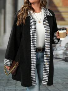 SHEIN LUNE 大码拼色千鸟格图案夹克，秋冬 - 黑色 - 查看 1