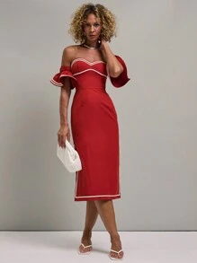 SHEIN Unity Women's Off-Shoulder Ruffle Trim Colorblock Midi Dress