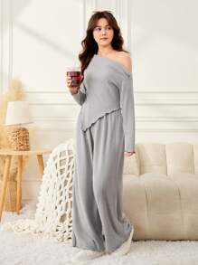 SHEIN 2pcs Teen Girls' Fall Gray Texture Off Shoulder Long Sleeve Fitted Top & Wide Leg Pants Casual Outfit Set - Dark Grey - View 5