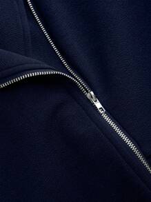 Celure Plus Size Plain Front Zipper Long Sleeve Casual Jacket - Navy Blue - View 5