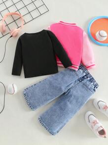 3pcs Baby Girl Ribbed Top, Printed Pants, Embroidered Bomber Jacket Outfit Set - Multicolor - View 2