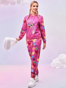 SHEIN X Care Bears Designer Cartoon Bear Heart Printed Drop Shoulder Drawstring Hoodie Sweatshirt And Sweatpants Set, Holiday, Thanksgiving, Festival