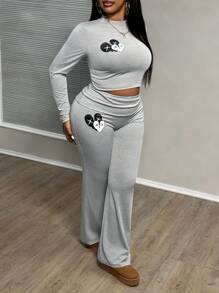 Slaydiva Áo dài tay in hình trái tim màu xám thanh lịch giản dị cỡ lớn và quần dài cho nữ 2 món/bộ - Xám - Xem 1