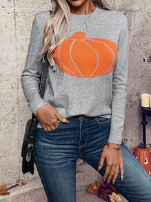 Chiquease 女士圆领长袖南瓜印花休闲套头毛衣