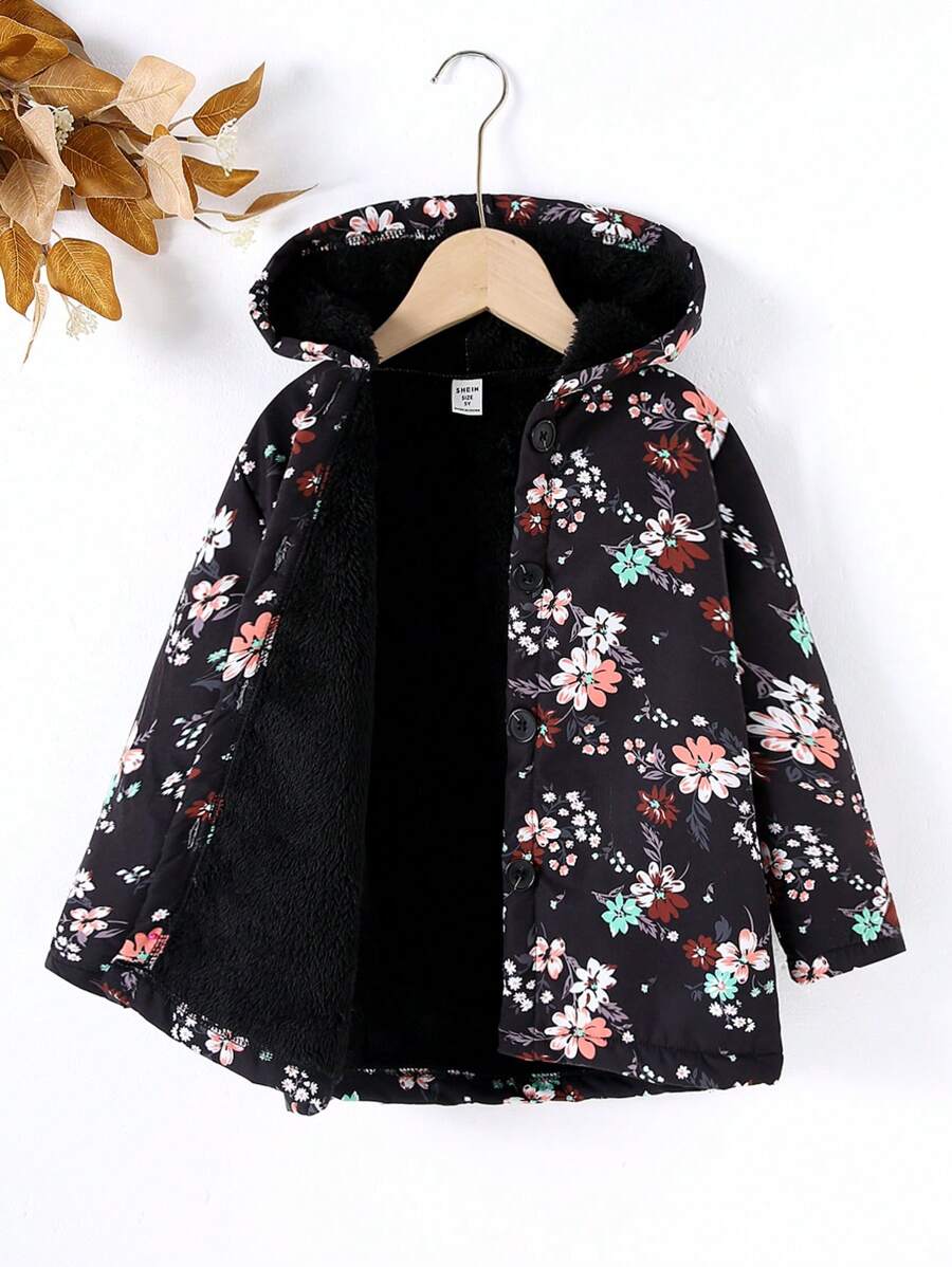 SHEIN Vintaside Kids 年轻女孩碎花连帽厚衬中长外套，秋冬 - 黑色 - 查看 1