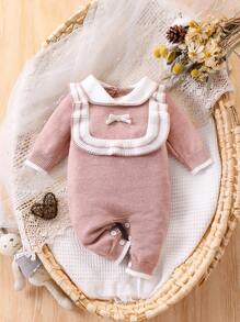 Baby Girls Turtleneck Knit Sweater Long Sleeve Jumpsuit, Comfortable & Warm For Autumn/Winter, Available In Camel, Pink, Earth Tones, Stylish & Versatile, With Cute Bow Accent, Suitable For Casual Wear, Home, Outings, Travel - Pink - View 1