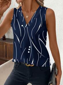 SHEIN Clasi 休闲优雅女式 V 领无袖圆点图案衬衫，适合夏季工作和日常穿着 - 藏蓝色 - 查看 4