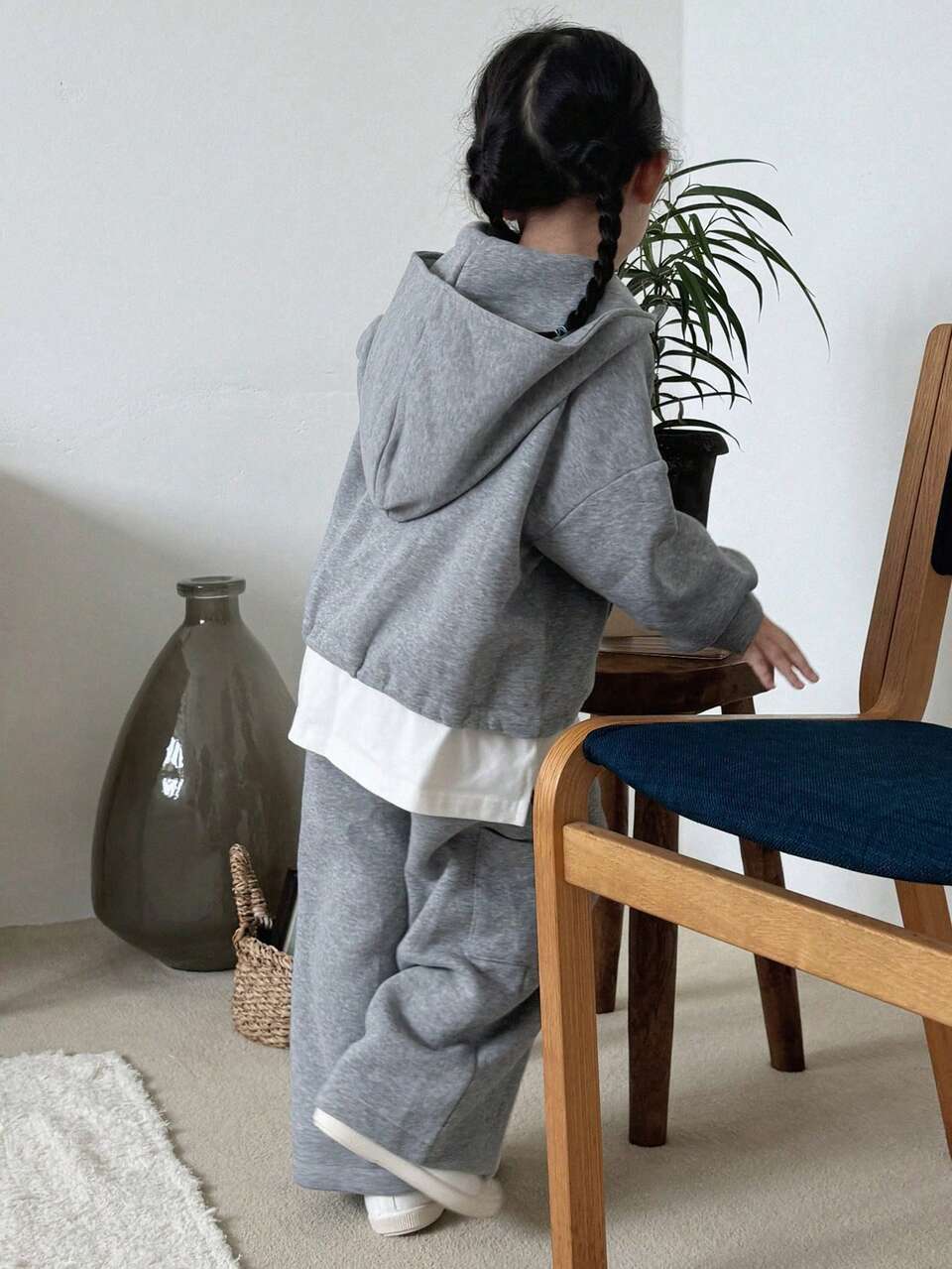 2pcs/Set Young Girls Hooded Knit Thermal Lined Outfit, Fall