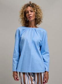 SHEIN Unity 女士休闲纯色纽扣长袖衬衫，春季和秋季 - 淺藍色 - 查看 2