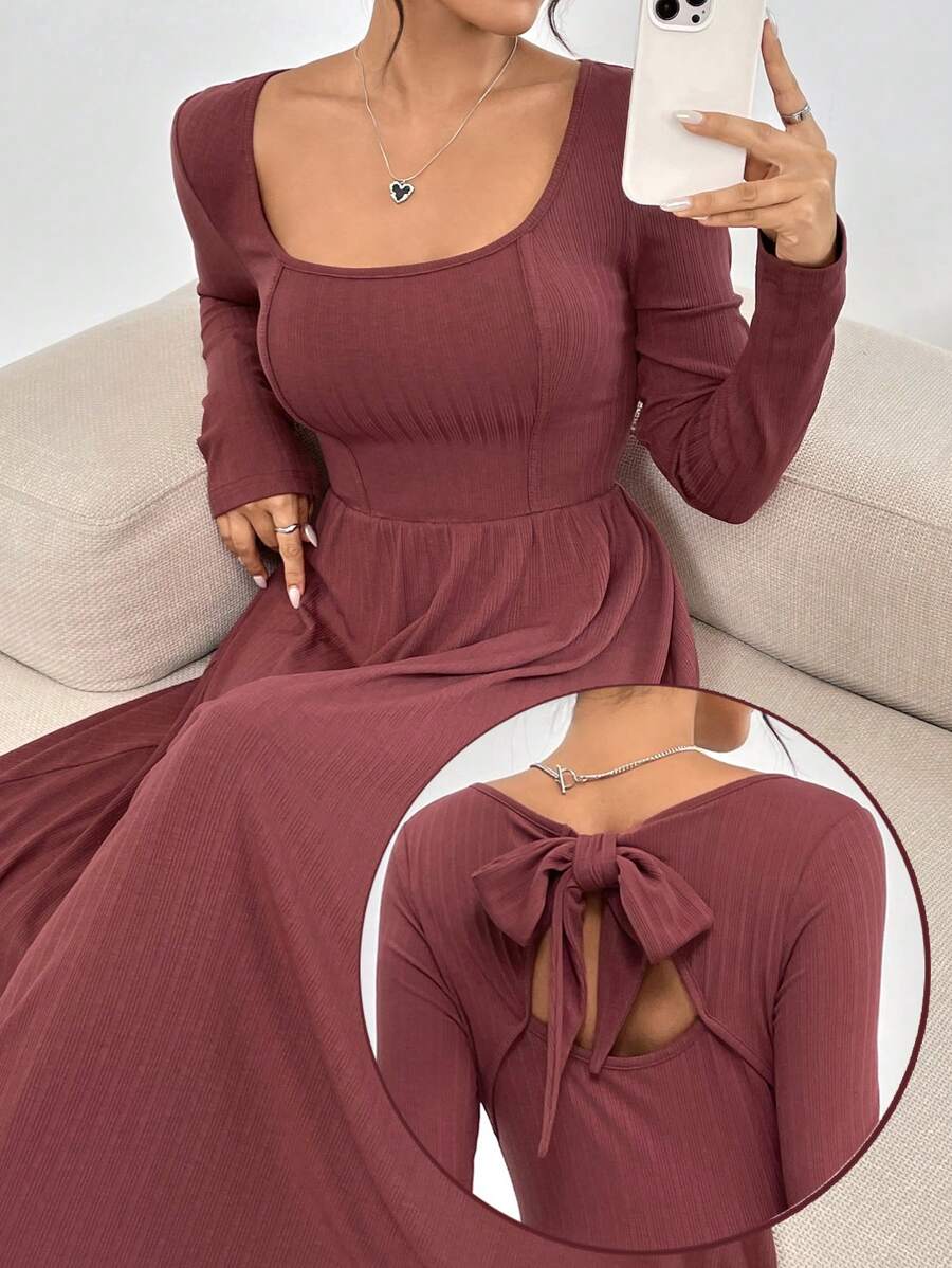 Modelyn Women's Solid Color Square Neck Long Sleeve Long Dress, Spring/Summer/Fall - Red - View 1