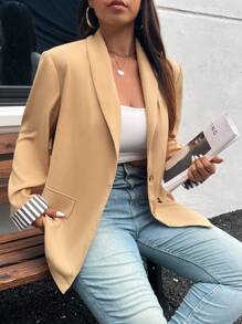 SHEIN Essnce Plus Size Casual Colorblock Striped Loose Blazer Fall/Winter - Khaki - View 1