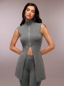 SHEIN Unity 2 件女式夏季纯色拉链前短款上衣和裤子时尚套装、冬装、冬季套装、两件套、秋季运动衫