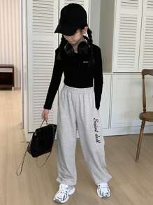 DAZY Tween Girl Letter Print Fleece Sweatpants, Fall Outfit - Grey - View 6