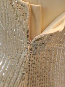 SHEIN 青少年女孩闪亮优雅高腰荷叶边 V 领开衩长裙礼服 - 杏色 - 查看 8