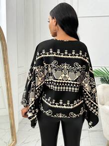 SHEIN Clasi Đầm dài tay cổ tròn in họa tiết toàn thân cho nữ (Cắt hoa ngẫu nhiên) - màu đen - Xem 2