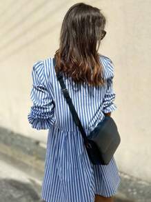 INAWLY 女式前扣荷叶边中长休闲 T 恤连衣裙 - 藍色 - 查看 2