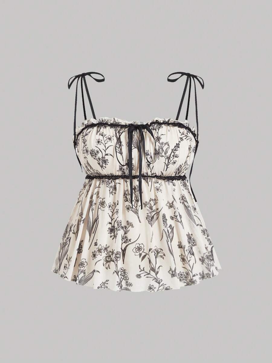 SHEIN MOD 大码女式花卉印花吊带背心，秋季无袖上衣，适合夏季 - 黑與白 - 查看 1