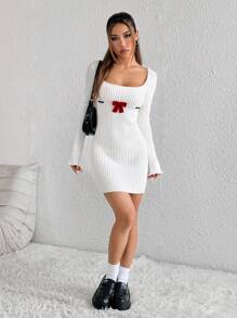 Flirla Women's Fashion Bow Accent Long Sleeve Sweater Dress - White - View 1