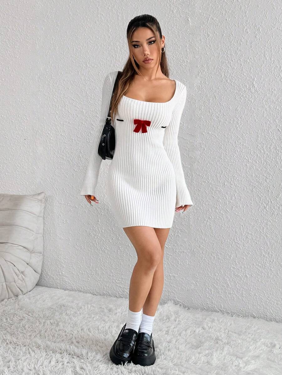 Flirla Women's Fashion Bow Accent Long Sleeve Sweater Dress - White - View 1