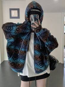 DAZY 女士加厚保暖撞色宽松卫衣波西米亚风卫衣，带保暖内衬秋冬外套 - 藍色 - 查看 3