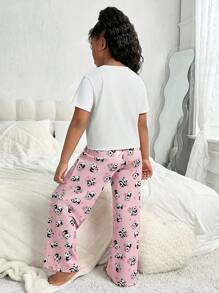 SHEIN 2 件 Tween Girls 可爱熊猫印花短袖上衣和长裤针织睡衣套装，阻燃 - 淺粉色 - 查看 2