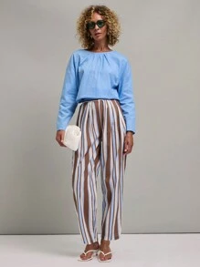 SHEIN Unity 女士休闲纯色纽扣长袖衬衫，春季和秋季 - 淺藍色 - 查看 6