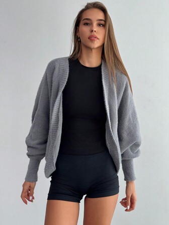 SHEIN Privé Oversized Gray Batwing Sleeve Casual Cardigan For Young Women