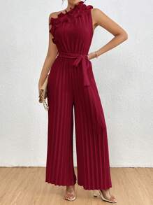 Chiquease 女士优雅纯色单肩褶皱连体裤，夏季 - 酒紅色 - 查看 5