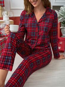 SHEIN Cottnline 100% Cotton 2pcs Plaid Button Front Christmas Homewear Set - Red - View 4