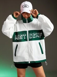 Streetz SHEIN Sport Front Zipper Long Sleeve Solid Color Patchwork Letter Print Sports Jacket, Casual Daily Wear - White - View 4