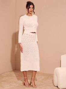 Glamine 2 件套女士前扣长袖修身毛衣和 A 字裙休闲装 - 白色 - 查看 5