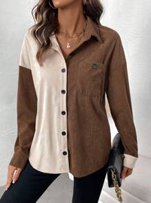 SHEIN LUNE Women's Button-Up Long Sleeve Colorblock Design Fashionable Charming Shirt