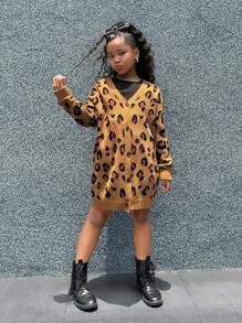 SHEIN Tween Girl Daily Wear Long Sleeve Leopard Print Open Front Long Cardigan, Fall Clothes - Pink - View 5