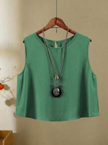 Plus Size 2pcs Set: Solid Color Sleeveless Simple Tops & Linen Texture Pants - Green - View 3