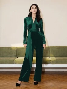 Women V-Neck Long Sleeve Velvet Cinched Waist Elegant Old Money Style Jumpsuit, Business Casual & Vacation Outfits