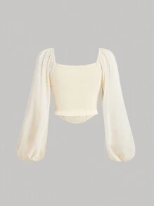 SHEIN MOD 大码甜心领口紧身胸衣灯笼袖衬衫 - 杏色 - 查看 2