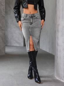 SHEIN Essnce تنورة جينز ممزقة للنساء مع شق