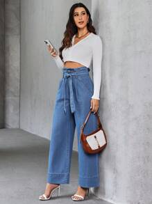 SHEIN Essnce Women Plain High Waist Tie-Up Straight-Leg Jeans