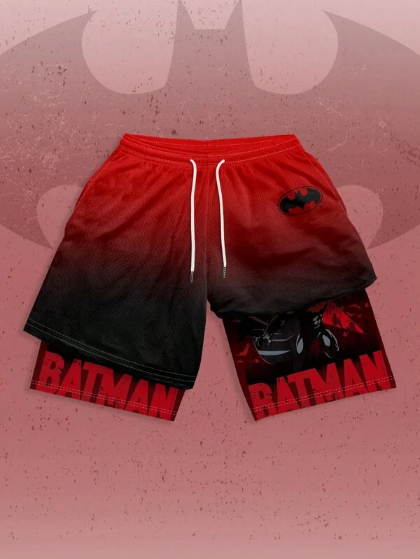 ROMWE MEN Batman X ROMWE 夏のグラデーションレターとコウモリ柄引き紐付きショートパンツ 男性用