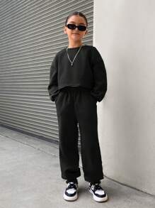 SHEIN 2 件套 Tween 女童宽松复古短款圆领运动衫和纯色运动裤套装 - 黑色 - 查看 7