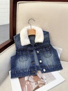 SHEIN Áo khoác denim xanh không tay cổ lông giả dễ thương cho bé gái, Quần áo thu đông cho bé gái - Rửa tối - Xem 2