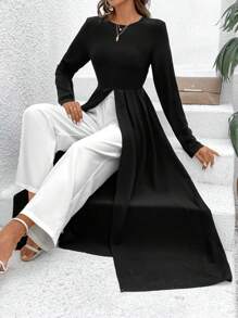 EMERY ROSE Women's Long Top & Pants Set With Split Hem - Black and White - View 3