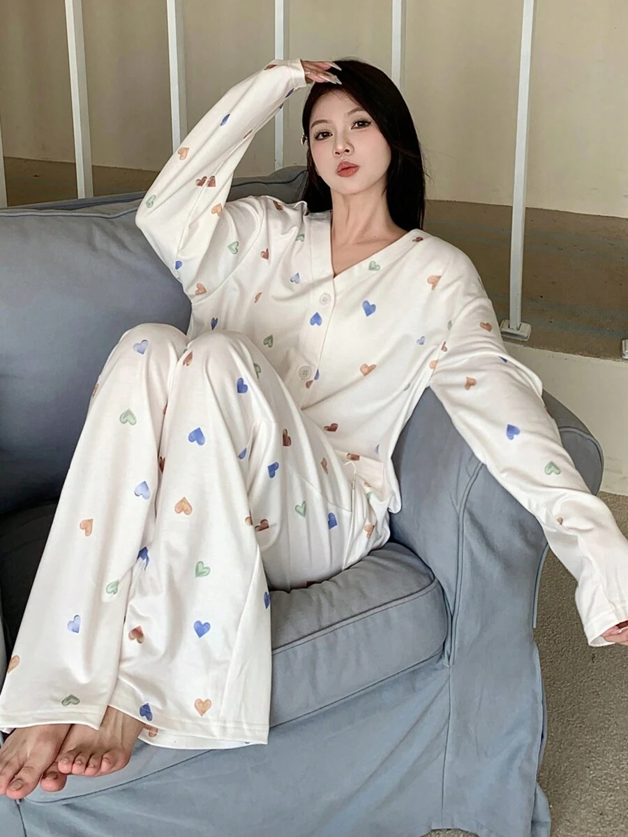 DAZY Cute Heart Print Pajama Set - White - View 1