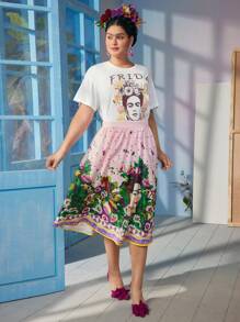 Frida Kahlo X SHEIN 大码优雅甜美粉色蝴蝶雏菊肖像艺术几何波尔卡圆点印花裙 - 彩色 - 查看 1