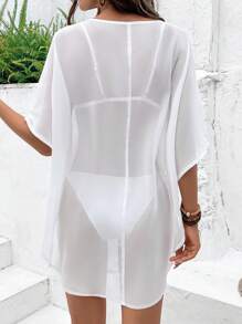 SHEIN Swim 女式蝙蝠袖抽绳腰短款海滩罩衫连衣裙，波西米亚风格夏季 - 白色 - 查看 2