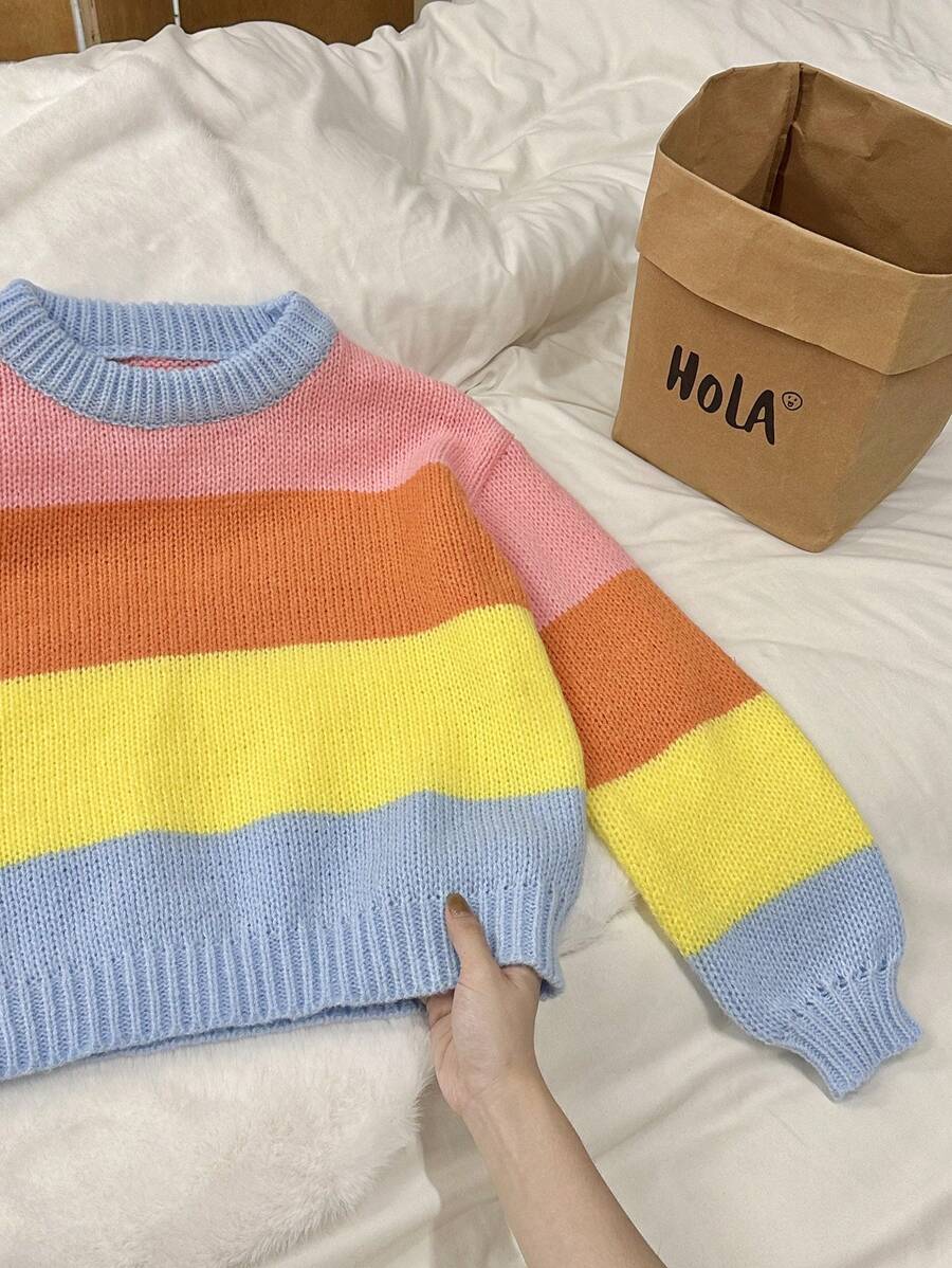SHEIN Unity Women Colorblock Round Neck Batwing Long Sleeve Loose Sweater, Fall/Winter Knit Pullover - Multicolor - View 1